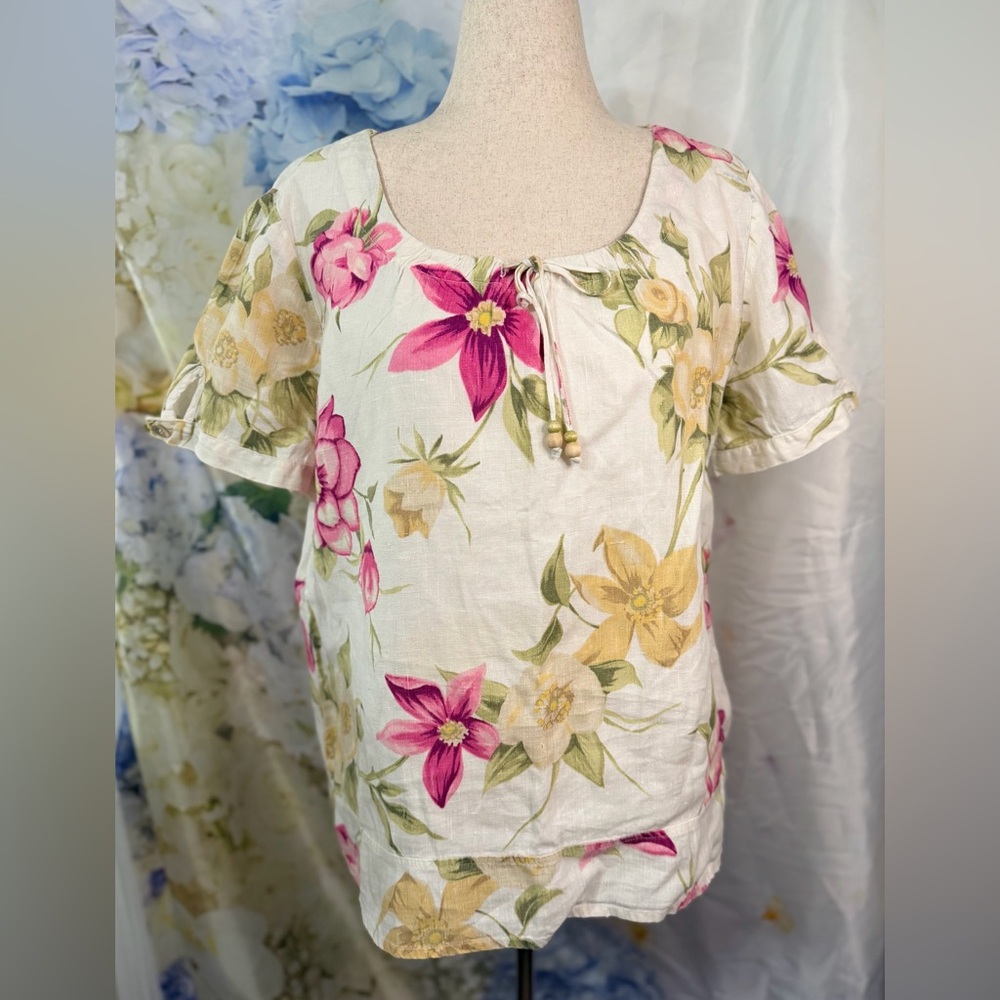 Hot Cotton Floral Blouse with Pink and Yellow Accents Wood Beads etched Shells